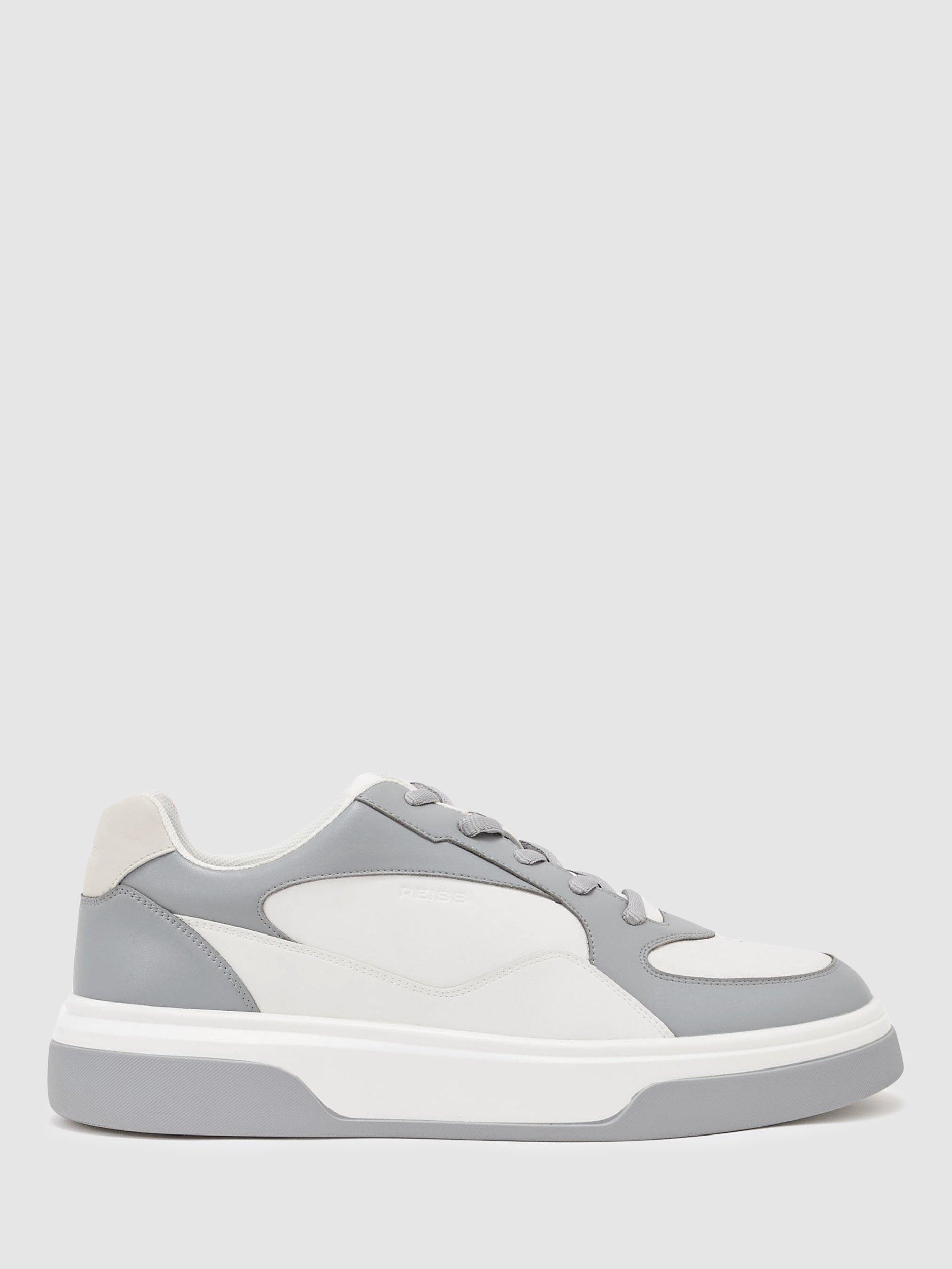 Product image 1 of 5, which shows Reiss Cast Leather Chunky Sole Trainers, Dusty Blue/White, 7