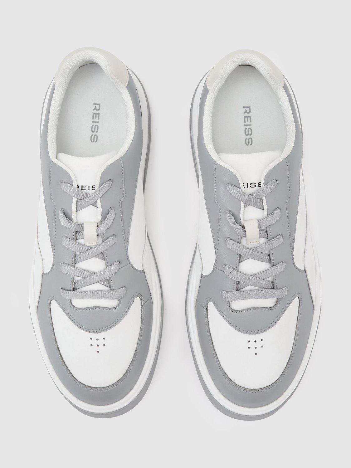Product image 4 of 5, which shows Reiss Cast Leather Chunky Sole Trainers, Dusty Blue/White, 7