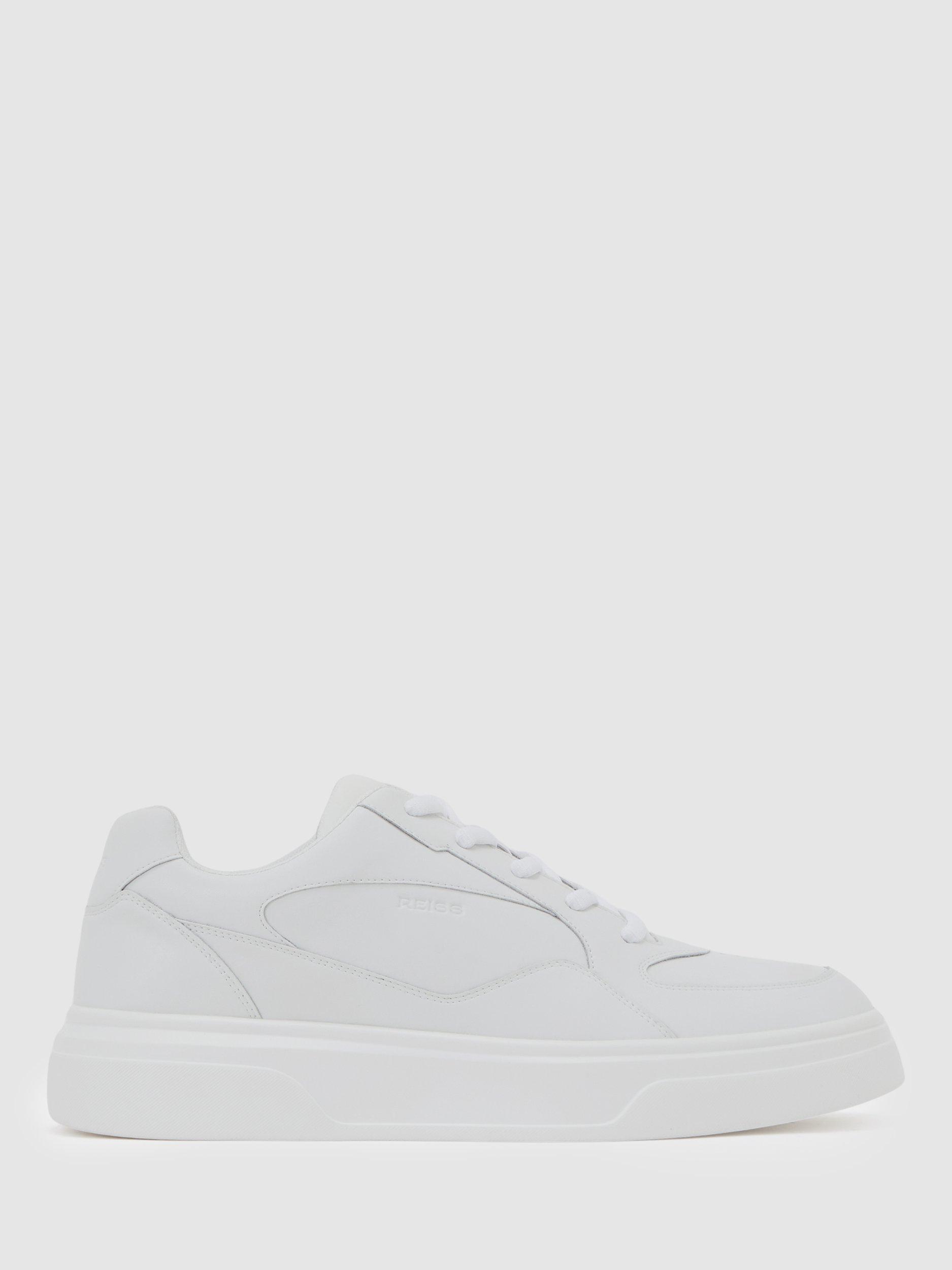 Product image 1 of 5, which shows Reiss Cast Leather Chunky Sole Trainers, White, 7