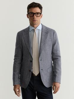 Reiss Piccolino Houndstooth Single Breasted Tailored Fit Cotton Linen Blend Blazer, Navy, Navy