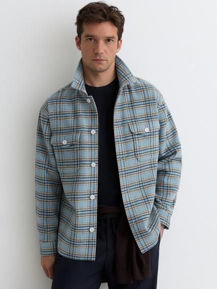 Reiss McFadden Wool Blend Twin Pocket Check Overshirt, Soft Blue/Multi, Soft Blue/Multi