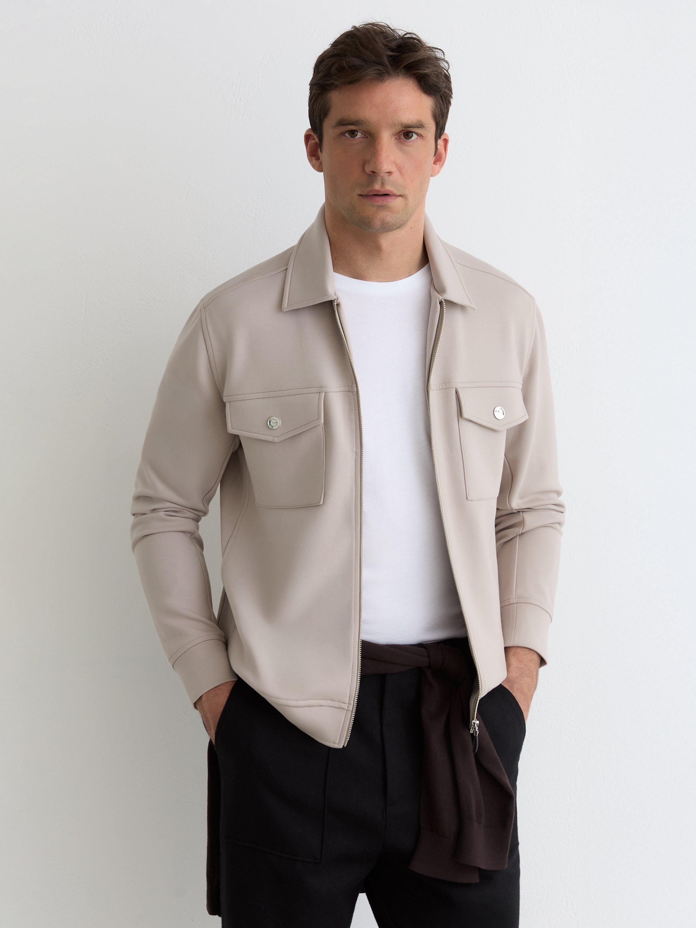 Product image 1 of 5, which shows Reiss Medina Premium Interlock Zip Through Overshirt, Stone, XS