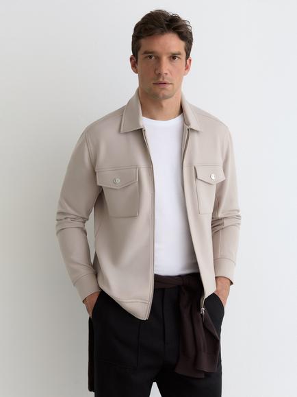 Reiss Medina Premium Interlock Zip Through Overshirt, Stone, Stone