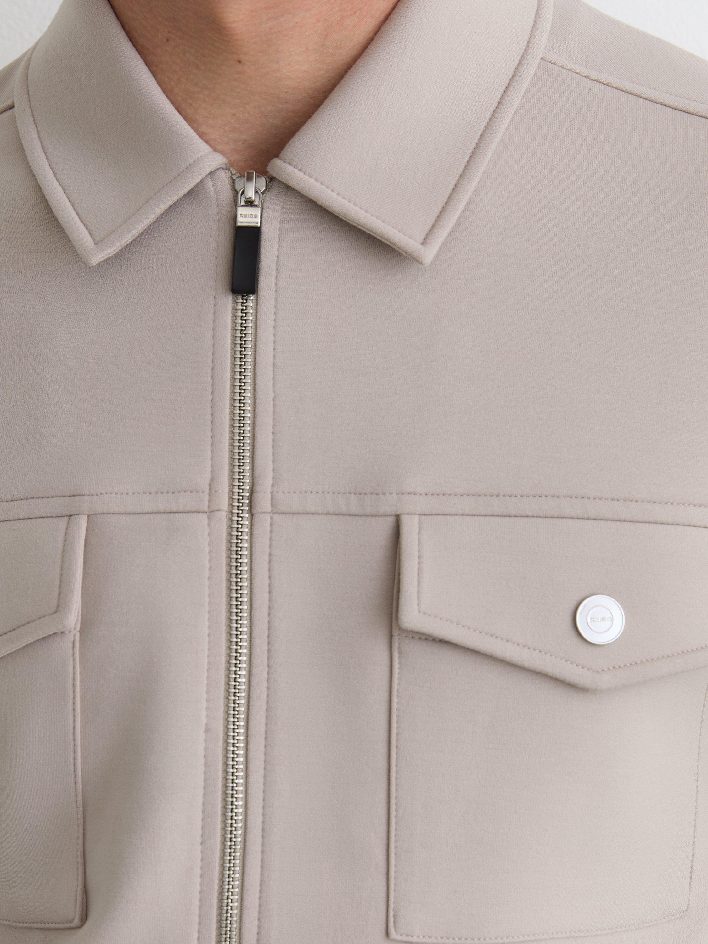 Product image 2 of 5, which shows Reiss Medina Premium Interlock Zip Through Overshirt, Stone, XS