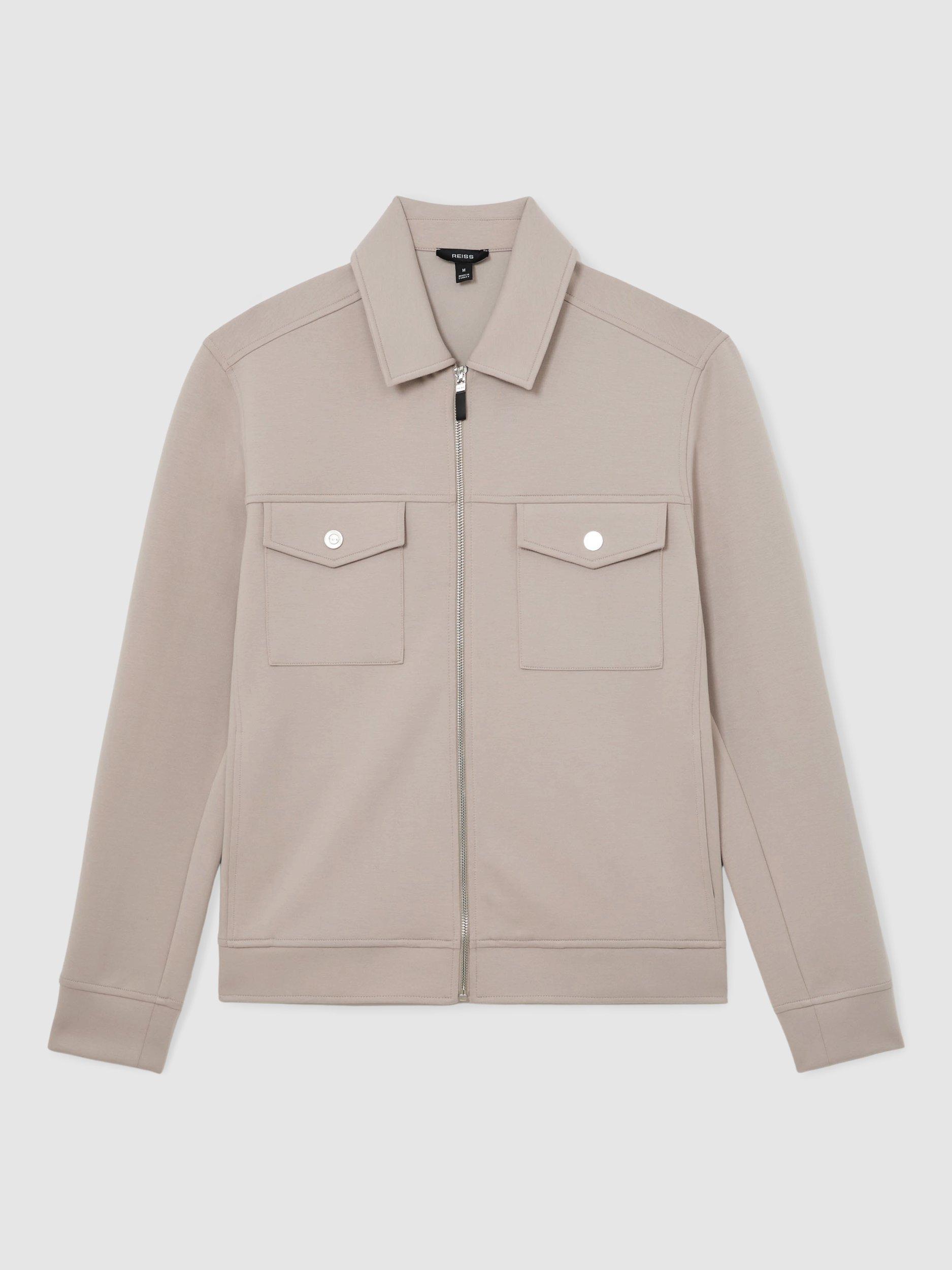 Product image 3 of 5, which shows Reiss Medina Premium Interlock Zip Through Overshirt, Stone, XS