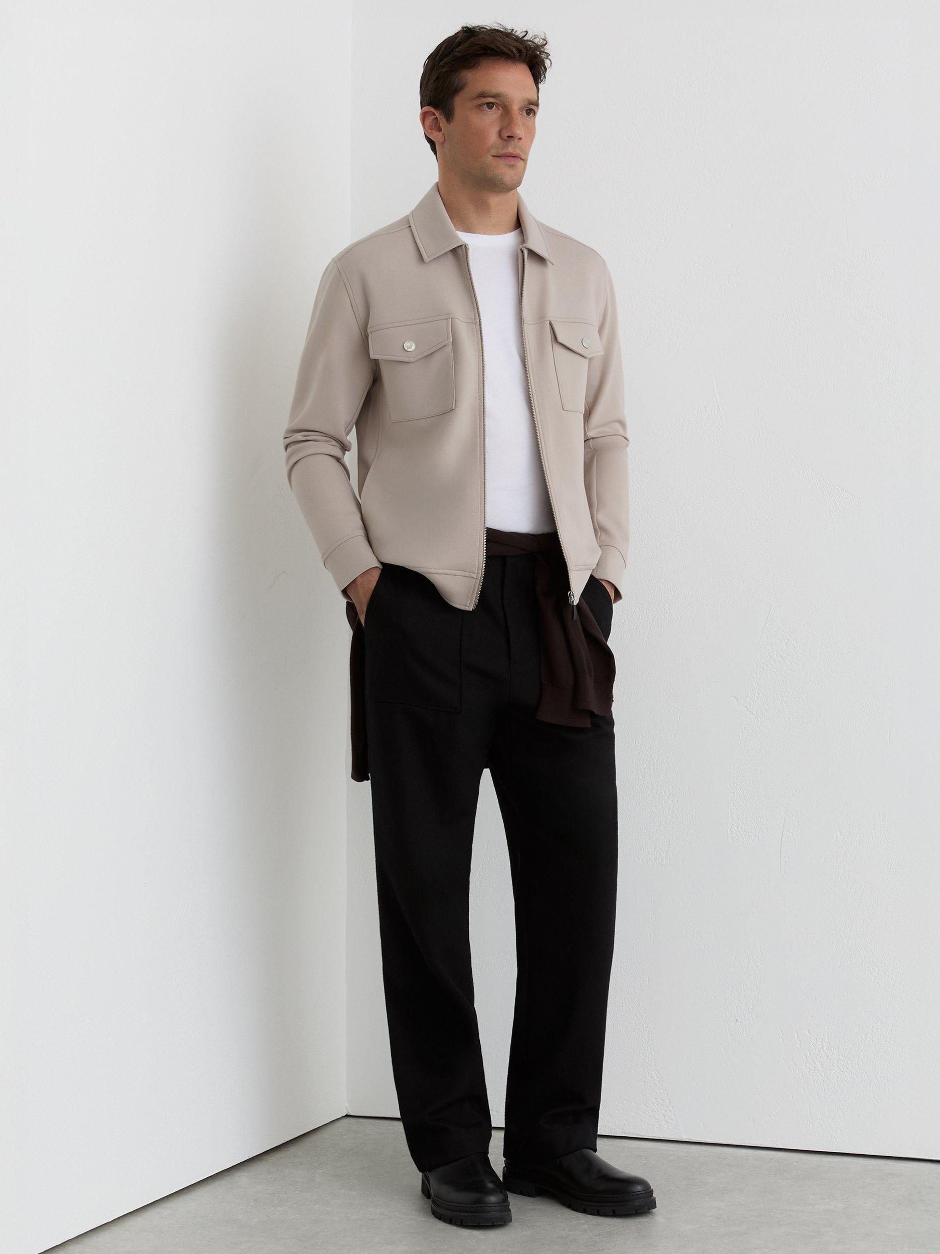 Product image 4 of 5, which shows Reiss Medina Premium Interlock Zip Through Overshirt, Stone, XS