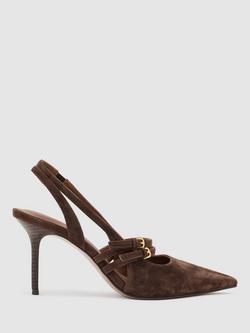 Reiss Beatrice Suede Stiletto Heel Slingback Court Shoes, Chocolate, Chocolate