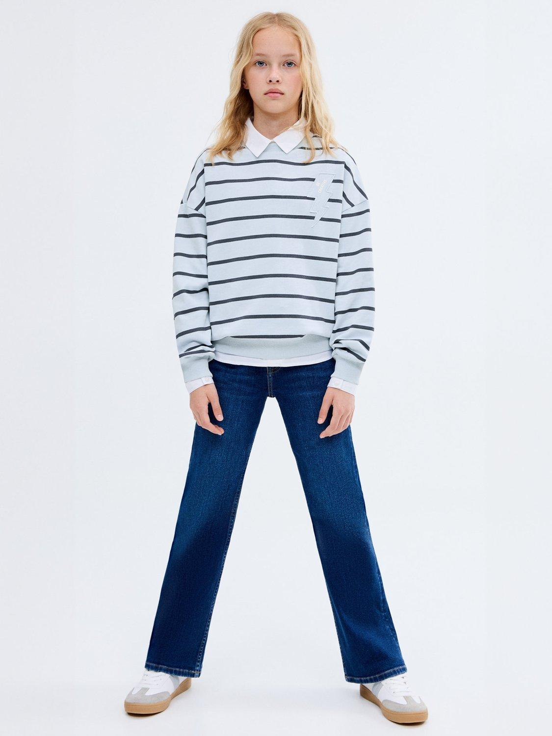 Product image 1 of 8, which shows Mango Kids' Rayo Cotton Stripe Sweatshirt, Medium Blue, 11-12 years