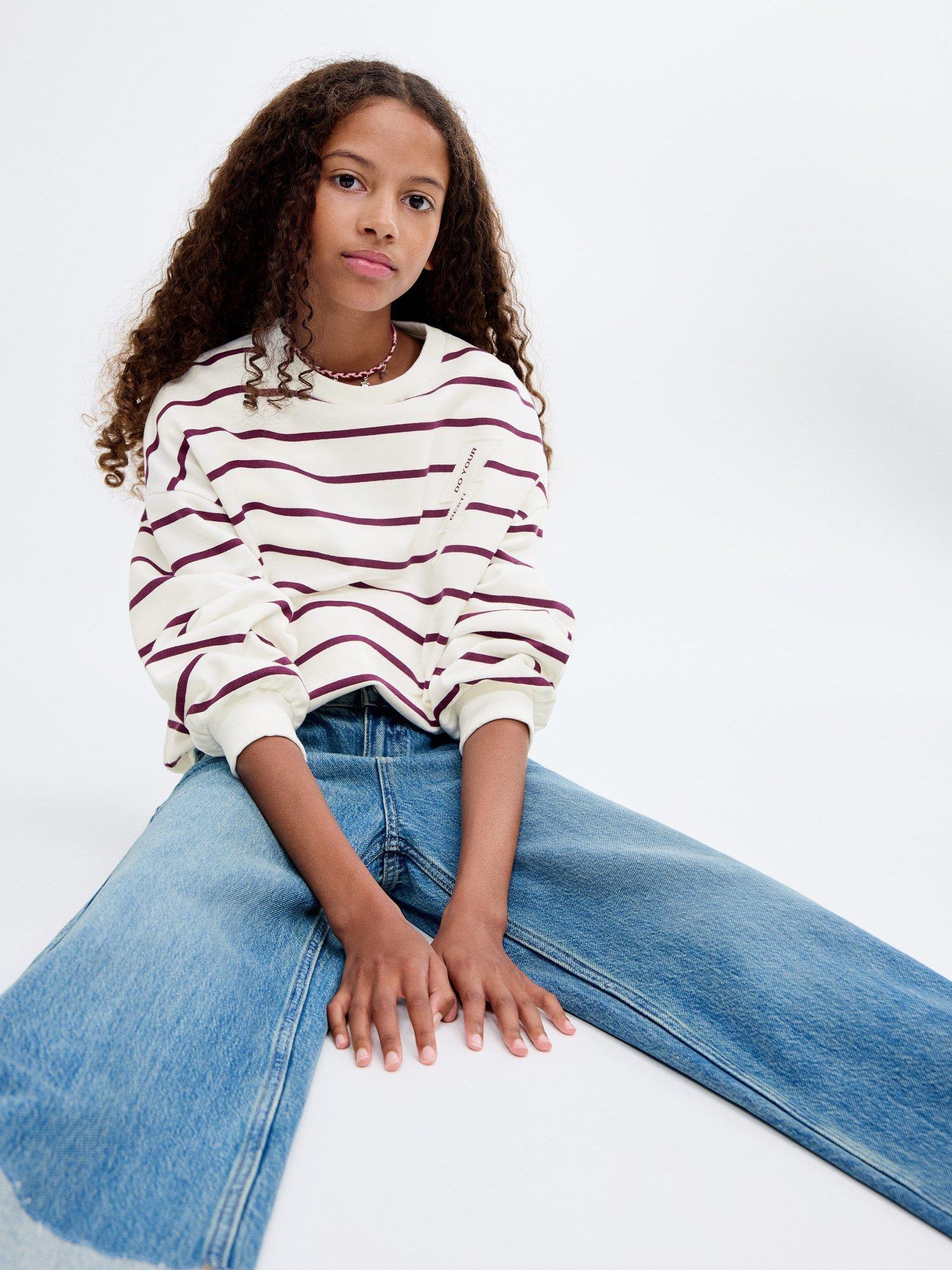 Product image 1 of 7, which shows Mango Kids' Rayo Cotton Stripe Sweatshirt, Dark Red, 5-6 years