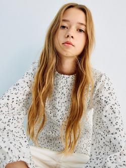 Mango Kids' Nido Long Sleeved Floral Honeycomb Blouse, White, White