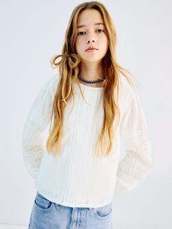 Mango Kids' Sia Cotton Long Sleeved Pleated Blouse, Natural White, Natural White