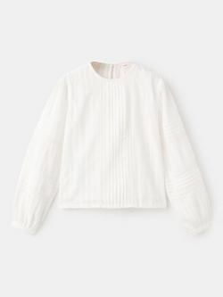 Mango Kids' Sia Cotton Long Sleeved Pleated Blouse, Natural White - view 2, Natural White