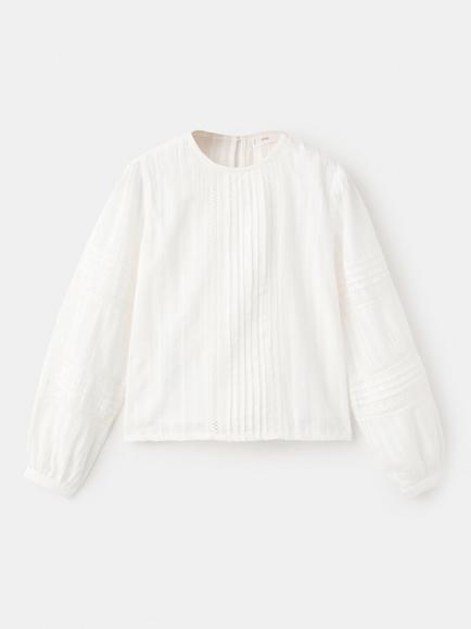 Mango Kids' Sia Cotton Long Sleeved Pleated Blouse, Natural White - view 2, Natural White