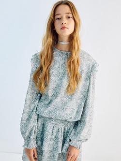 Mango Kids' Printed Ruffle Sleeve Top, Medium Blue, Medium Blue