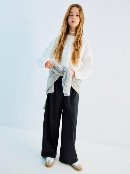 Mango Kids' Susi Tie Waist Striped Trousers, Grey, Grey