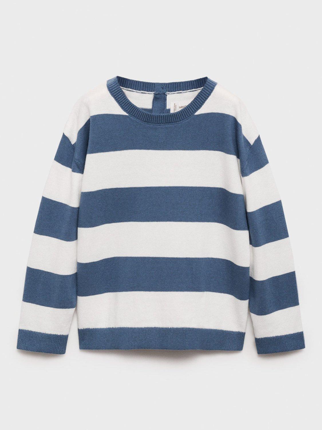 Product image 1 of 5, which shows Mango Kids' Sammy Cotton Stripe Jumper, Medium Blue, 12-18 months