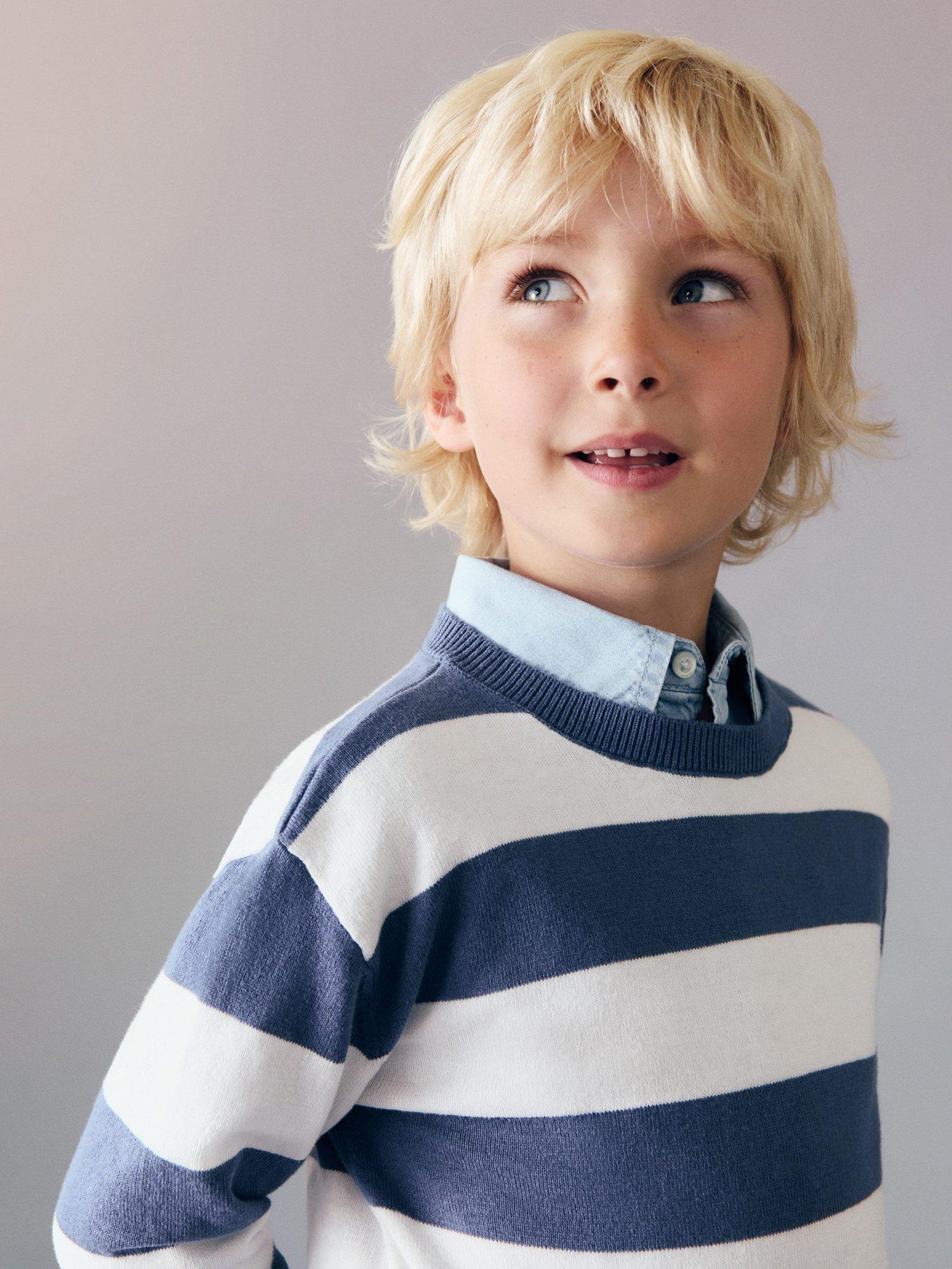 Product image 4 of 5, which shows Mango Kids' Sammy Cotton Stripe Jumper, Medium Blue, 12-18 months