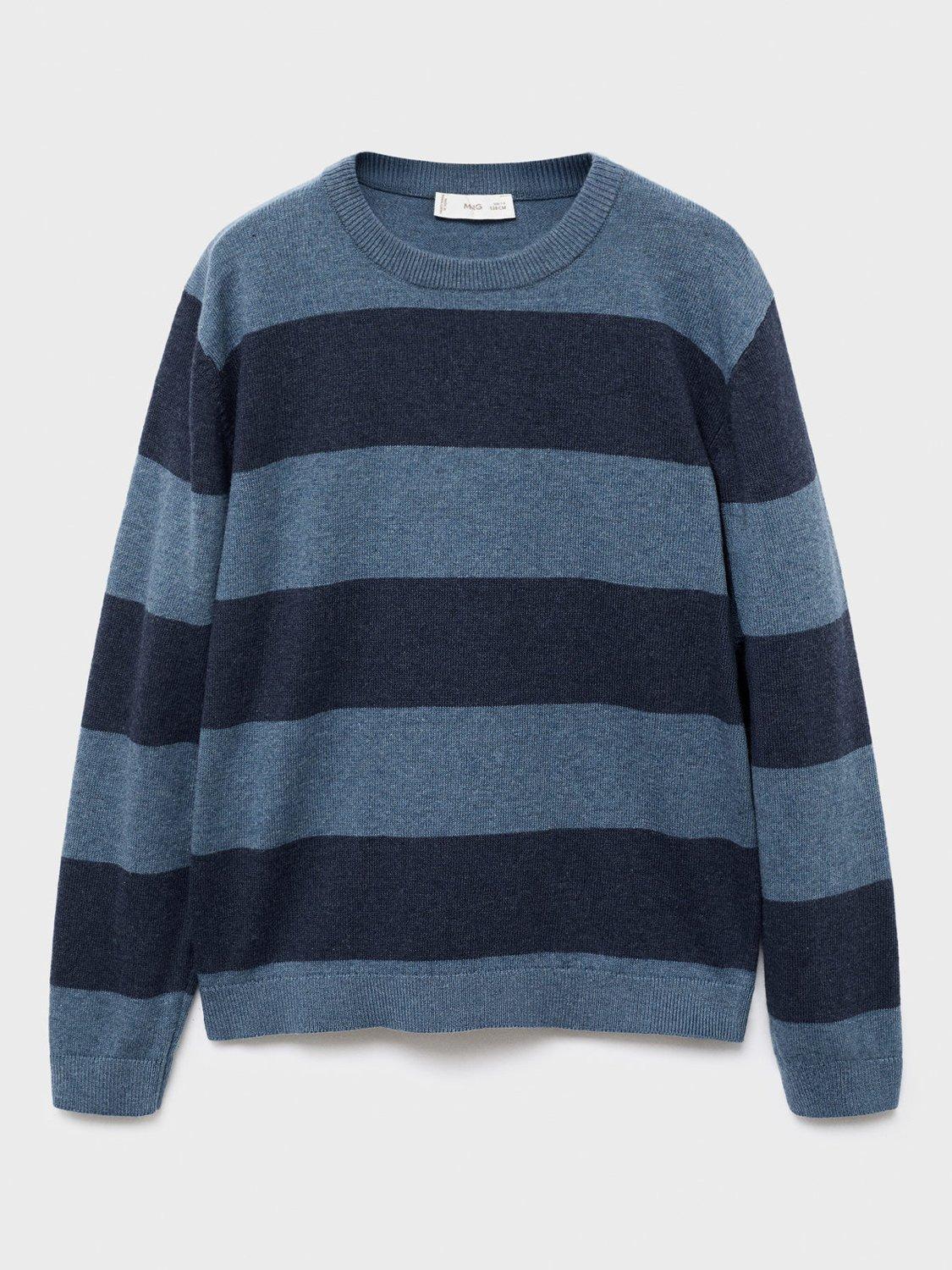 Product image 1 of 7, which shows Mango Kids' Wally Cotton Stripe Jumper, Medium Blue, 11-12 years