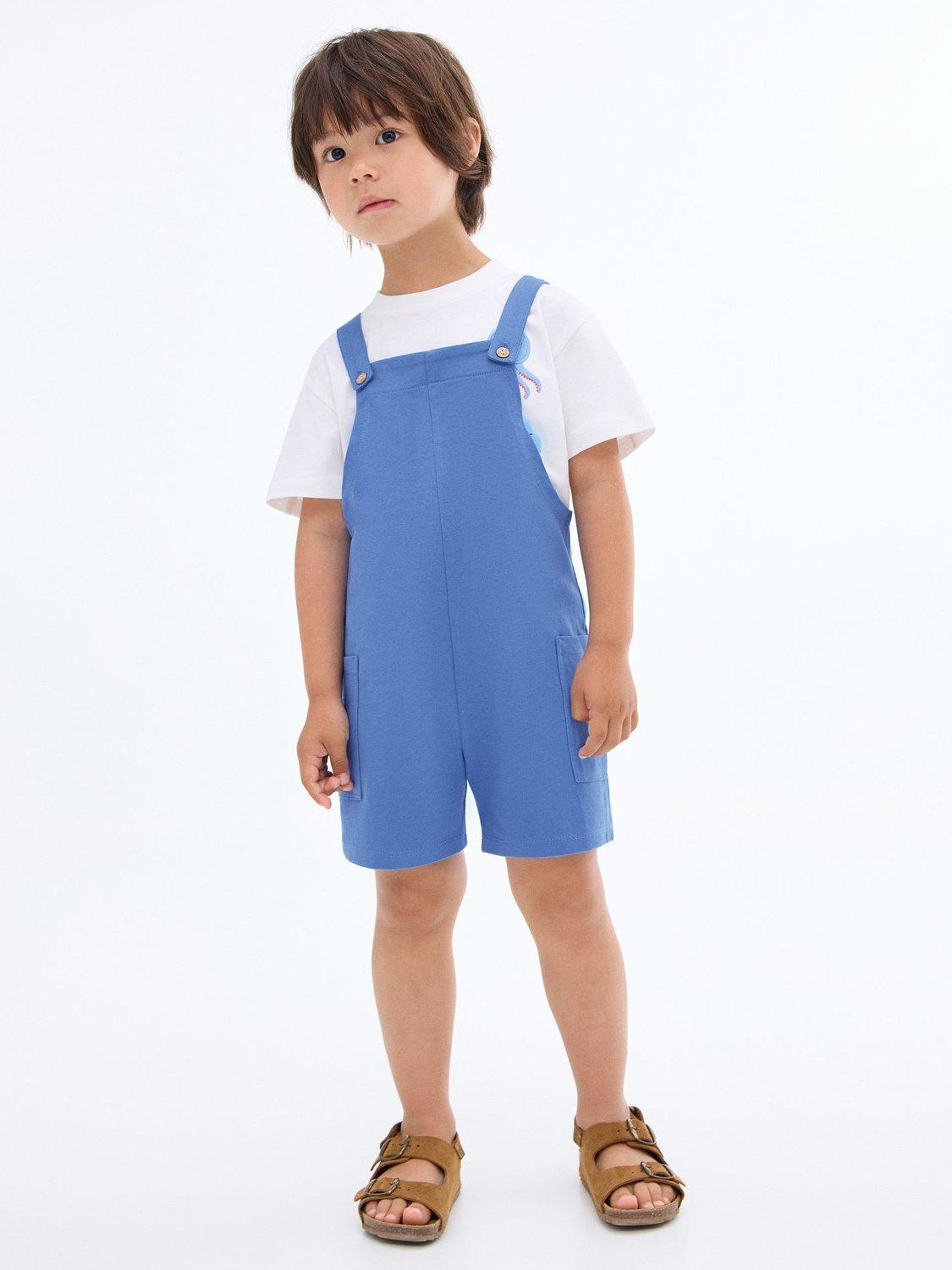 Product image 1 of 6, which shows Mango Kids' Klein Cotton Short Dungarees, Bright Blue, 5-6 years