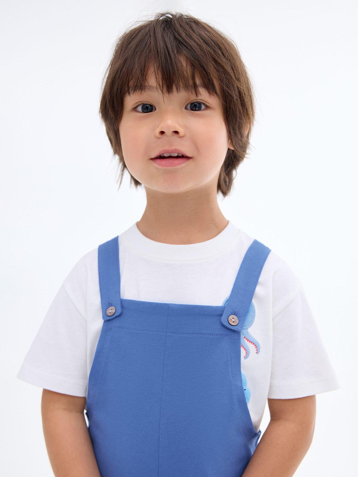 Product image 2 of 6, which shows Mango Kids' Klein Cotton Short Dungarees, Bright Blue, 5-6 years