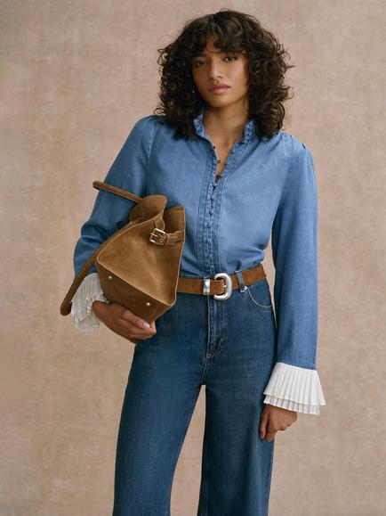 Mint Velvet Contrast Cuff Denim Shirt, Blue/Multi - view 2, Blue/Multi