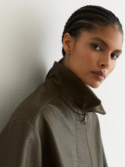 Reiss Kiara Pure Leather Jacket - view 2, Khaki Green
