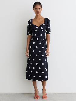 Reiss Astrid Polka Dot Pure Linen Midi Dress, Navy/Ivory, Navy/Ivory