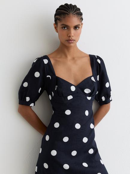 Reiss Astrid Polka Dot Pure Linen Midi Dress, Navy/Ivory - view 2, Navy/Ivory