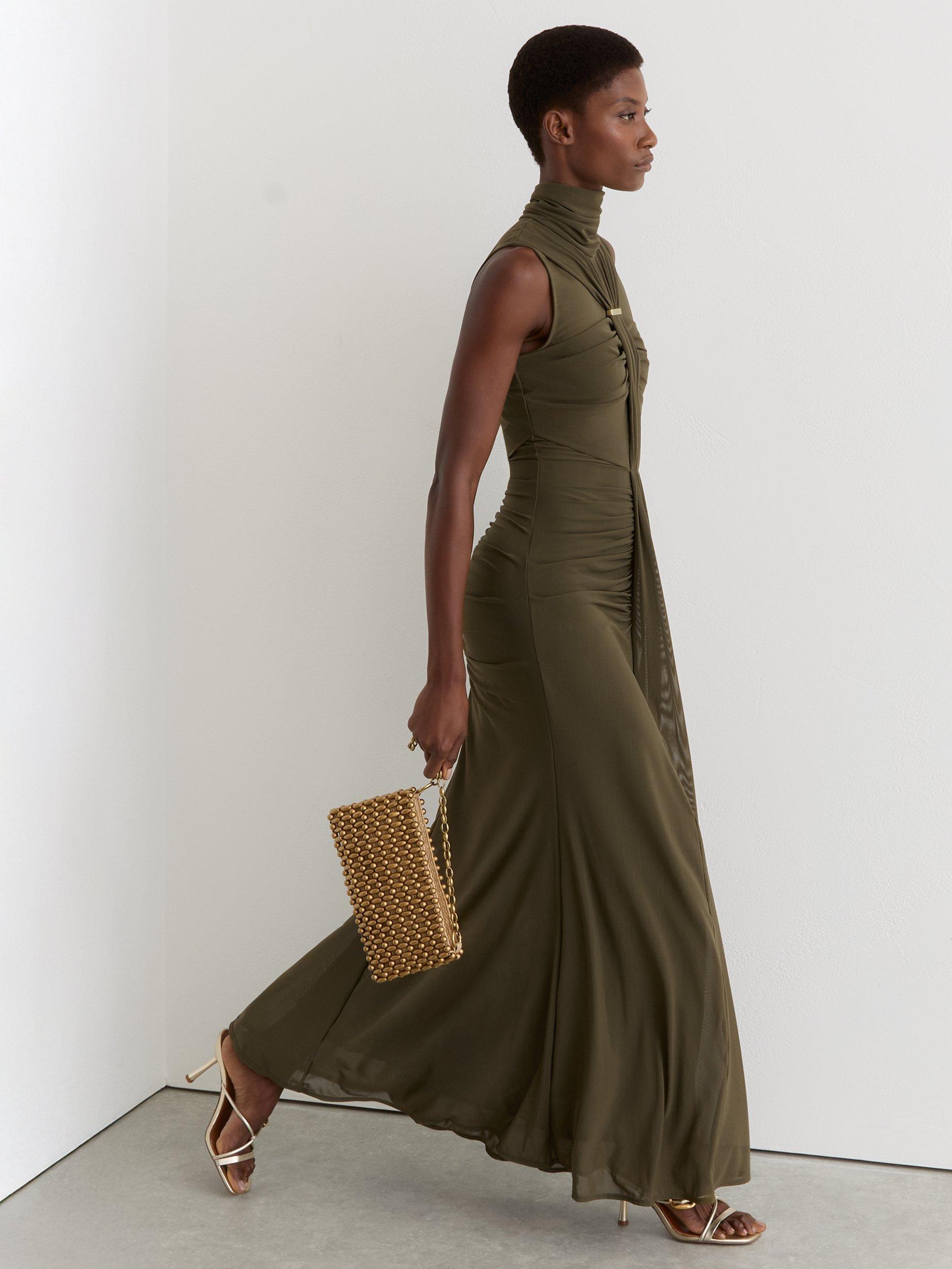 Reiss Colette Ruched Sleeveless Maxi Dress, Khaki Green