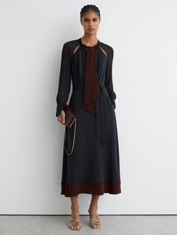 Reiss Estella Tie Neck Midi Dress, Navy/Burgundy, Navy/Burgundy