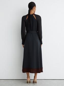 Reiss Estella Tie Neck Midi Dress, Navy/Burgundy - view 2, Navy/Burgundy