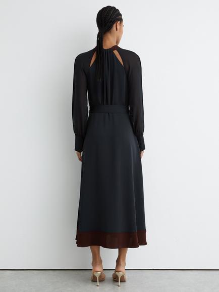 Reiss Estella Tie Neck Midi Dress, Navy/Burgundy - view 2, Navy/Burgundy