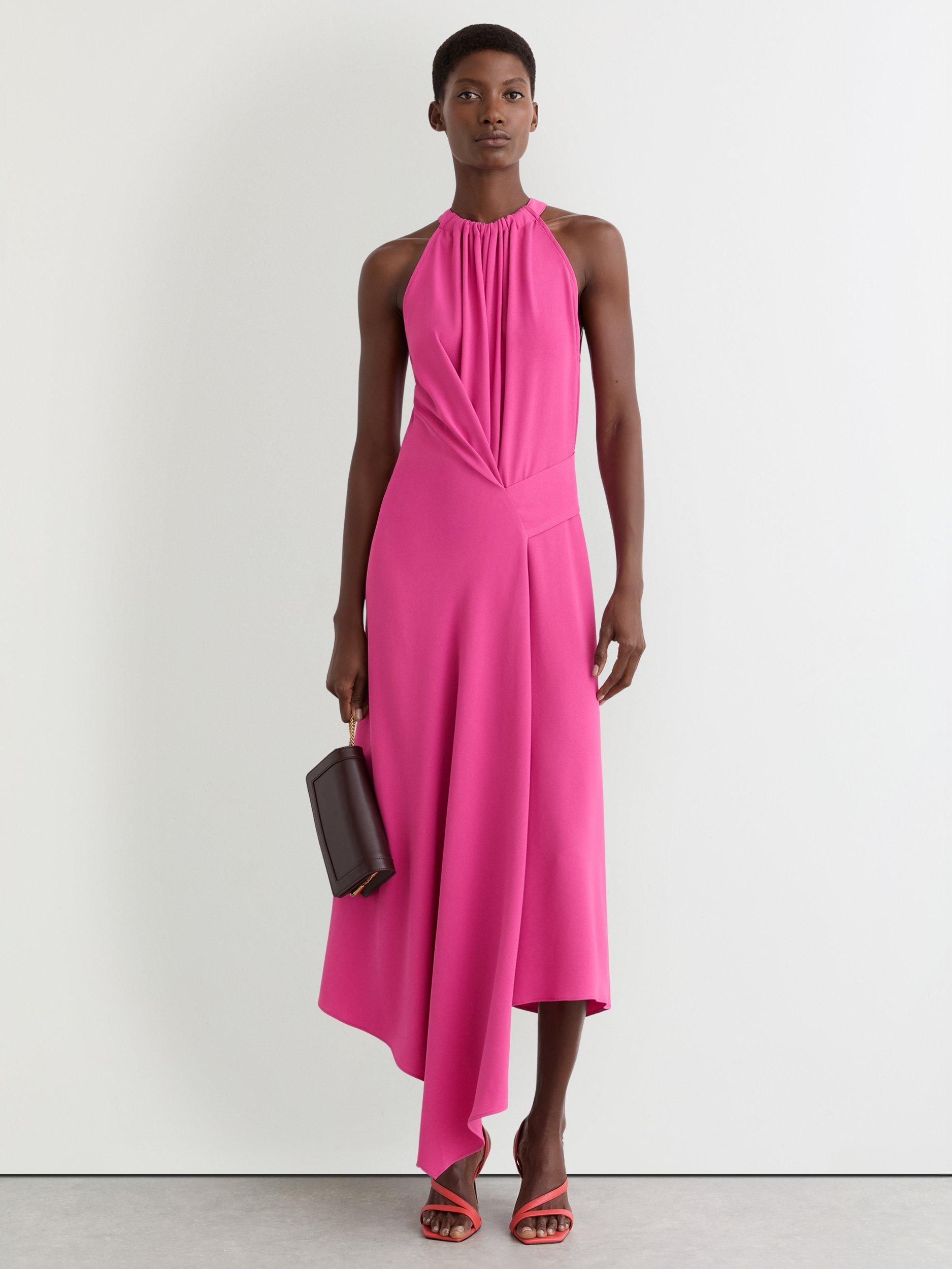 Reiss Maeve Drape Detail Midi Dress, Raspberry Pink, 8