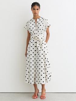 Reiss Sawyer Polka Dot Belted Midi Dress, Ivory/Black, Ivory/Black