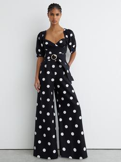 Reiss Brook Linen Polka Dot Wide Leg Jumpsuit, Navy/Ivory, Navy/Ivory