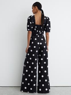 Reiss Brook Linen Polka Dot Wide Leg Jumpsuit, Navy/Ivory - view 2, Navy/Ivory