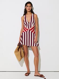 Reiss Esme Stripe Flippy Dress, Burgundy/Off White, Burgundy/Off White