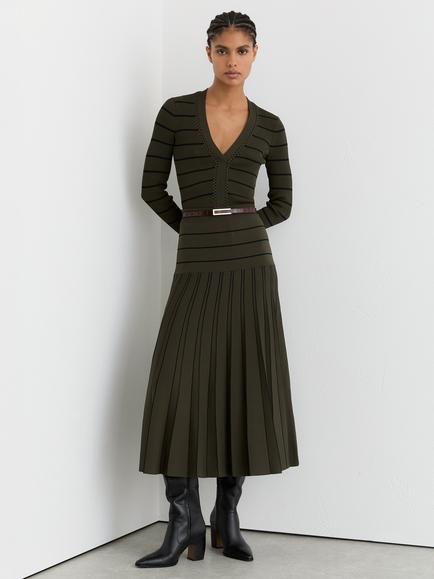 Reiss Alice Stripe Pleated Skirt, Khaki Green/Black