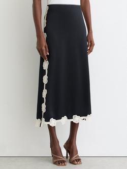 Reiss Doa Satin Floral Lace Trim Midi Skirt, Navy, Navy