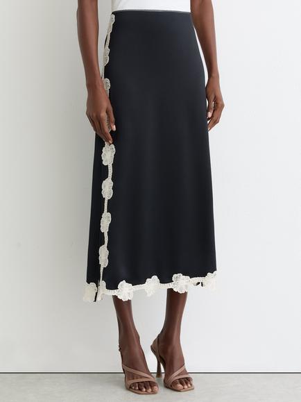 Reiss Doa Satin Floral Lace Trim Midi Skirt, Navy, Navy