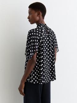 Reiss Alliana Polka Dot Tie Neck Top, Navy/Ivory - view 2, Navy/Ivory