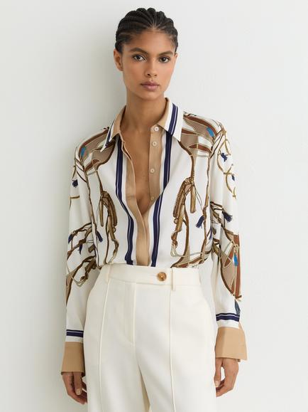 Reiss Ellis Scarf Print Shirt, Ivory/Brown, Ivory/Brown