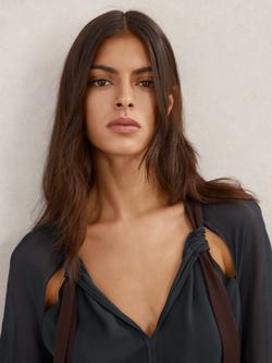 Reiss Jasmine Cut Out Tie Neck Top, Navy/Burgundy - view 2, Navy/Burgundy