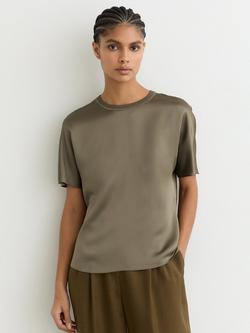 Reiss Lena Pure Silk T-Shirt, Khaki Green, Khaki Green