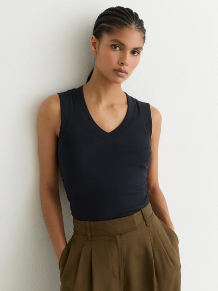 Reiss Sandy Ruched Ribbed Vest Top, Navy