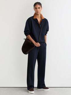 Reiss Bella Premium Interlock Wide Leg Joggers, Navy, Navy