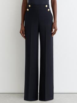 Reiss Carley Button Detail Wide Leg Trousers, Navy, Navy