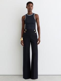 Reiss Petite Carley Button Detail Wide Leg Trousers, Navy, Navy