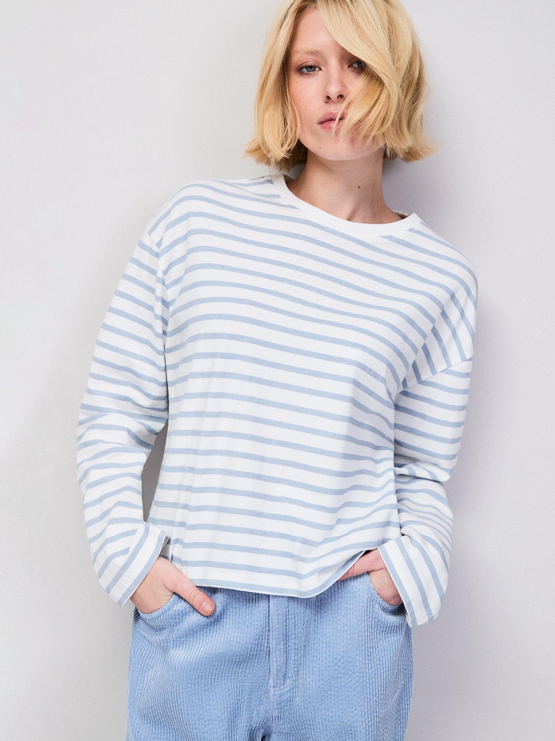 Product image 1 of 4, which shows Ro&Zo Stripe Long Sleeve Jersey Top, White/Pale Blue, XS