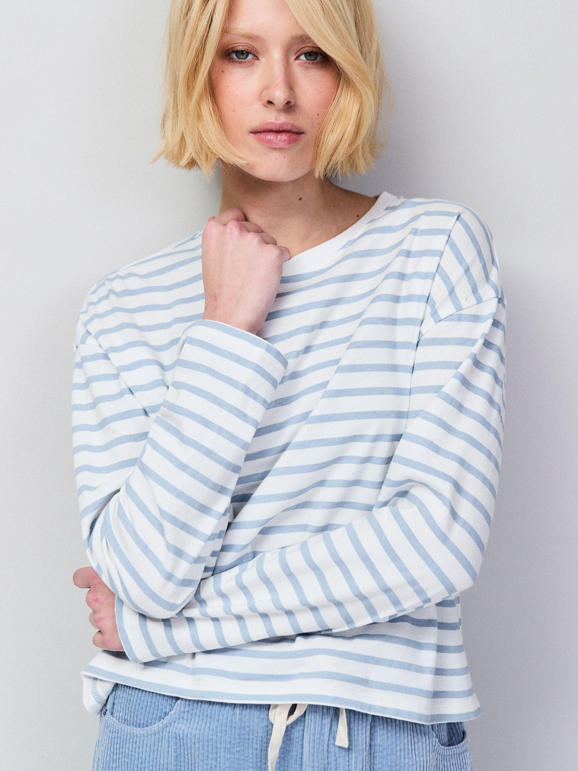 Product image 3 of 4, which shows Ro&Zo Stripe Long Sleeve Jersey Top, White/Pale Blue, XS